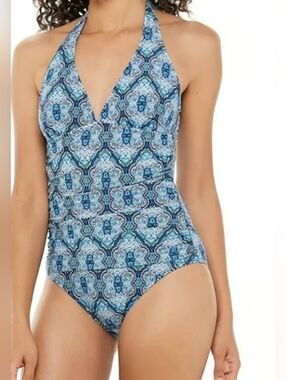 Blue Patterned Halter One-Piece Swimsuit
